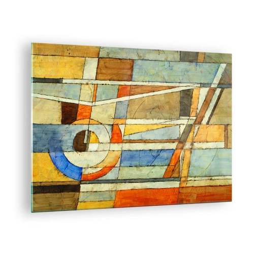 Billede på glas - En abstrakt komposition med geometriske mønstre og varme farver. - 70x50cm - Kubisme på en byggeplads - Moderne vægdekoration til stue og soveværelse ARTTOR