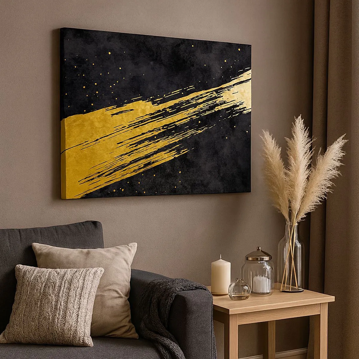 Lærredstryk - Billede på lærred - Sort baggrund med dynamiske guld penselstrøg - 70x50cm - Hop ind i hyperrummet - Moderne vægdekoration til stue og soveværelse ARTTOR