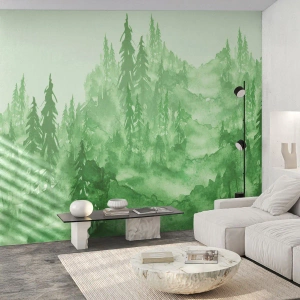Fototapet Premium Canvas - Sløret af grøn tåge - Skov, Grafik, Landskab - 200x140 cm