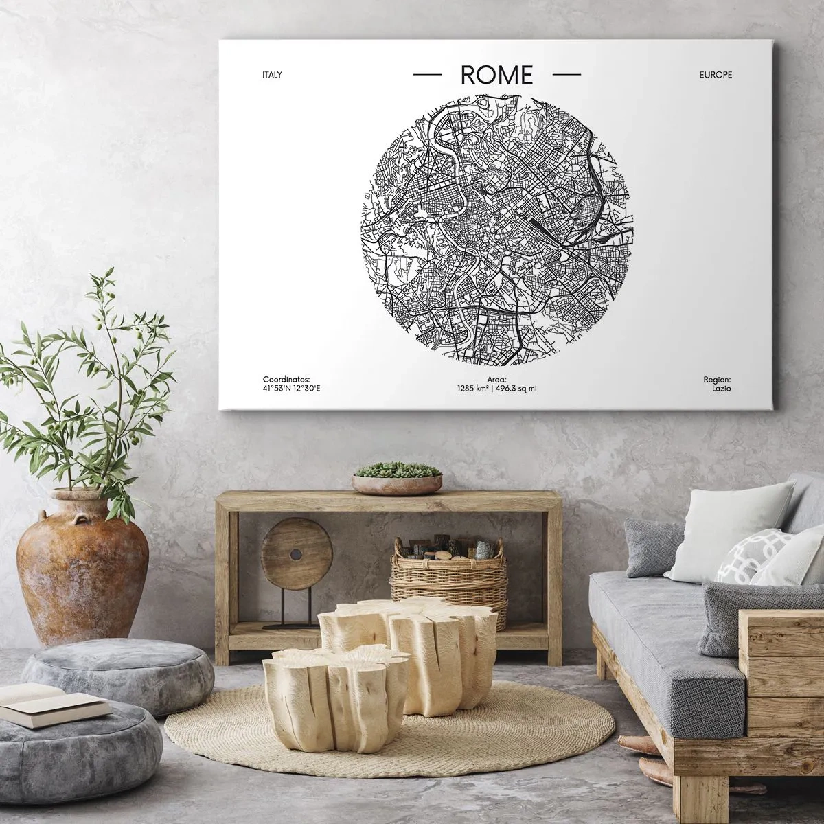 Lærredstryk - Billede på lærred - Et kort over Rom i minimalistisk, sort-hvid stil - 70x50cm - Anatomi af Rom - Moderne vægdekoration til stue og soveværelse ARTTOR