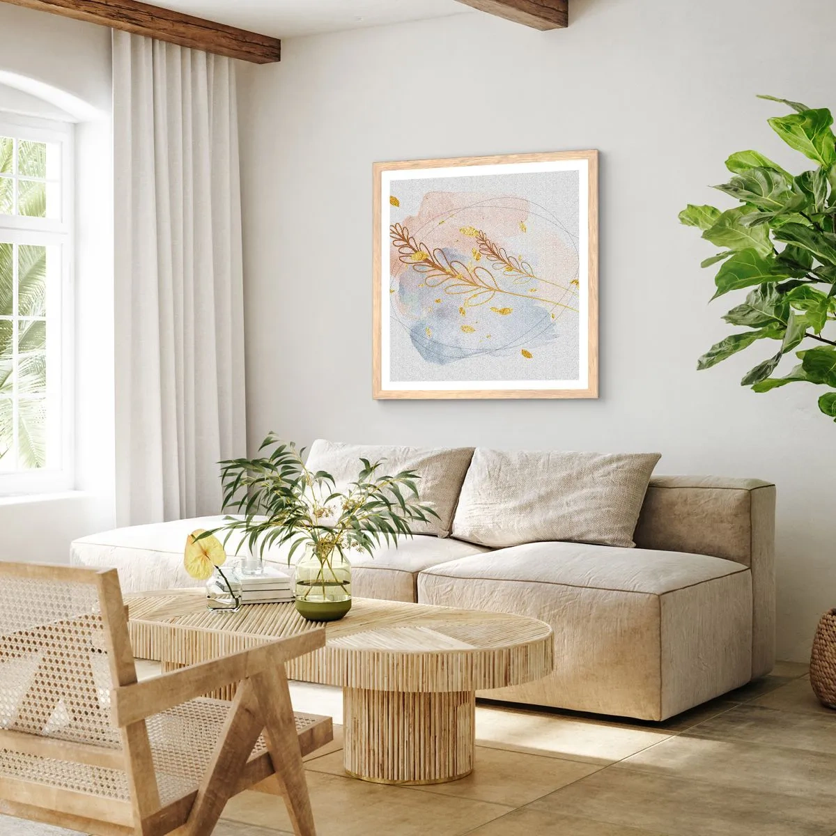 Plakat i ramme af lyst egetræ - En gylden eksplosion - 30x30 cm
