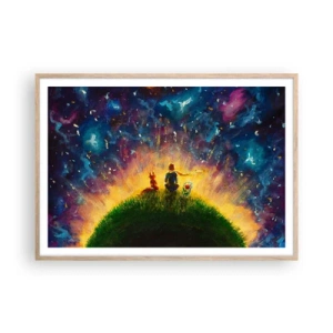 Plakat i ramme af lyst egetræ - Kærlighed og venskab - hele verden - 100x70 cm