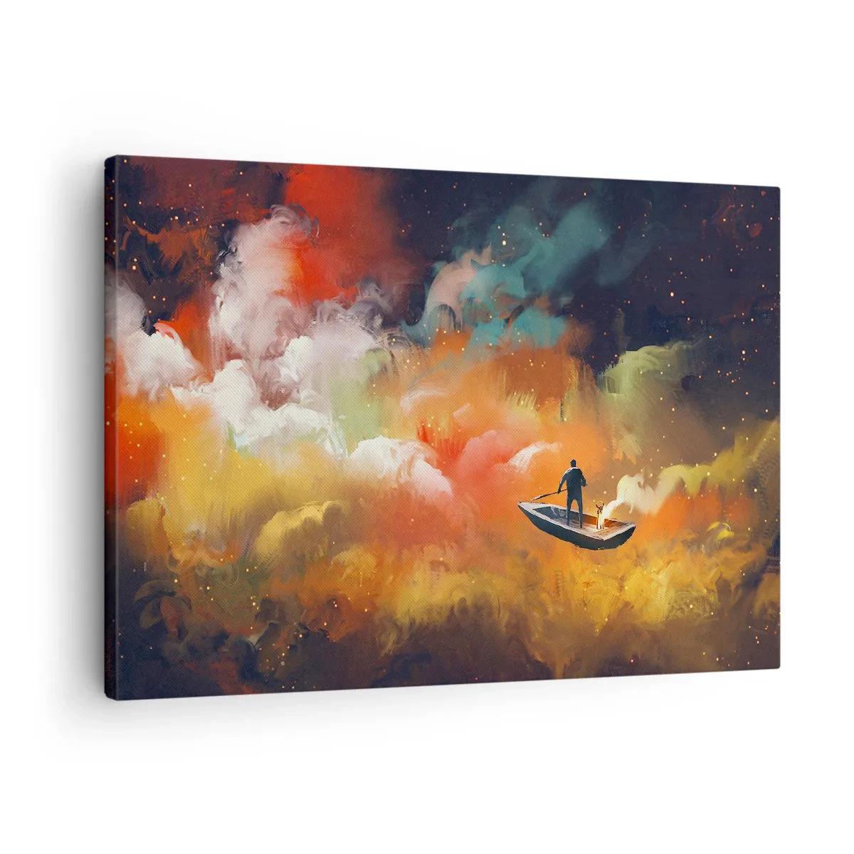 Lærredstryk - Billede på lærred - En figur i en båd mod en baggrund af farverige skyer - 70x50cm - Med båd gennem galaksen - Moderne vægdekoration til stue og soveværelse ARTTOR