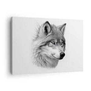 Lærredstryk - Billede på lærred - Et realistisk portræt af en ulv i grå nuancer. - 70x50cm - Alpha - uden tvivl - Moderne vægdekoration til stue og soveværelse ARTTOR