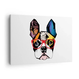 Lærredstryk - Billede på lærred - Bulldog i en farverig illustration med røde briller - 70x50cm - Intellektuel - Moderne vægdekoration til stue og soveværelse ARTTOR