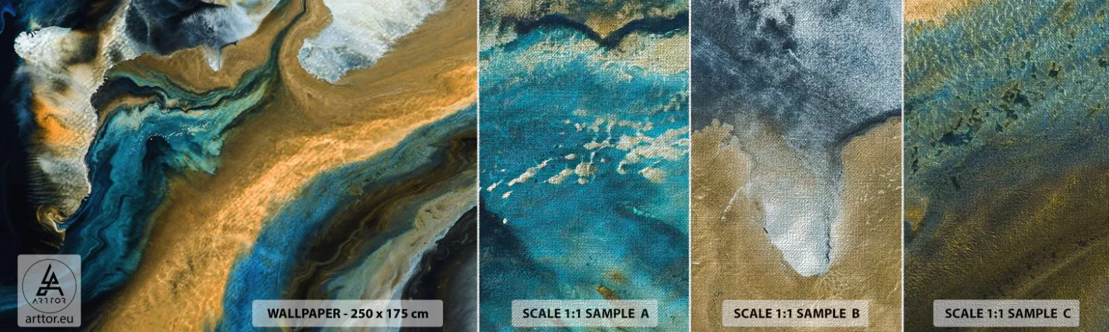 Prøve Fototapet Premium Canvas - Blå - gul - gensidig indflydelse - Abstraktion, Stykke, Grafik - 100x30 cm