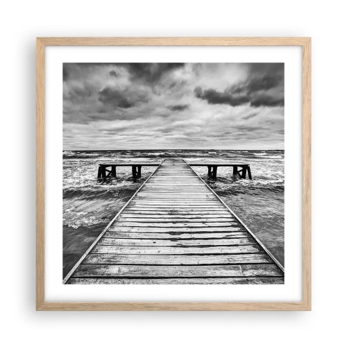 Plakat i ramme af lyst egetræ - Jeg venter på, at vinden blæser væk... - 50x50 cm