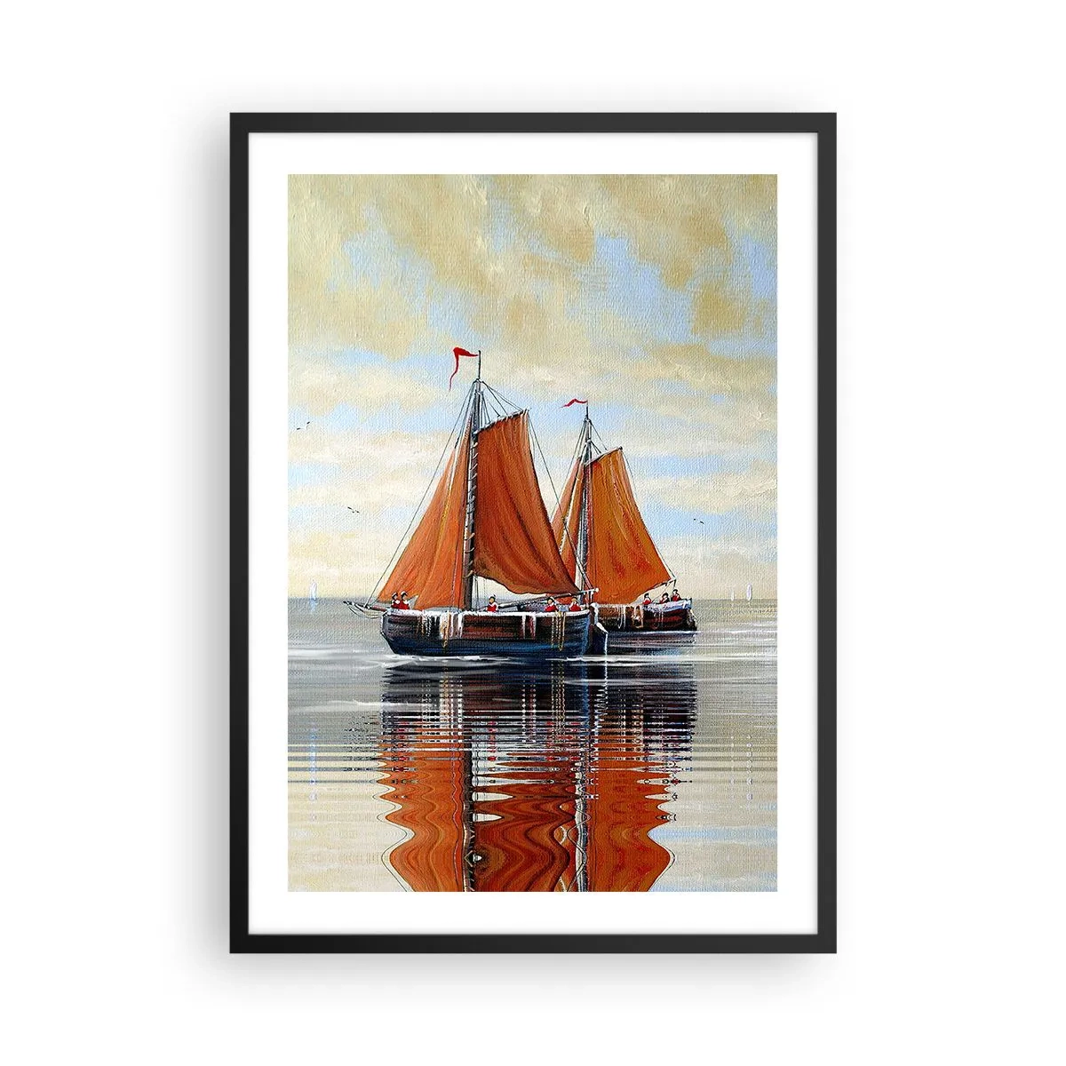 Plakat i sort ramme - Sejlbåde på roligt vand med røde sejl - 50x70cm - Hey, sejl, sømand.... - Moderne vægdekoration til stue og soveværelse ARTTOR