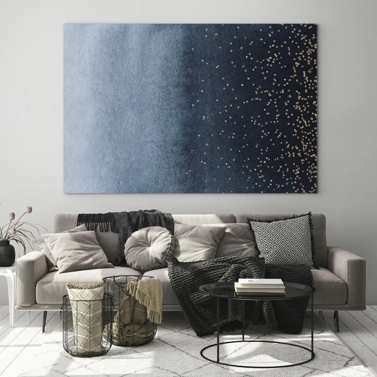 Billede på glas - Marineblå gradienter med små guldprikker - 70x50cm - Sammensætning - blå faser - Moderne vægdekoration til stue og soveværelse ARTTOR