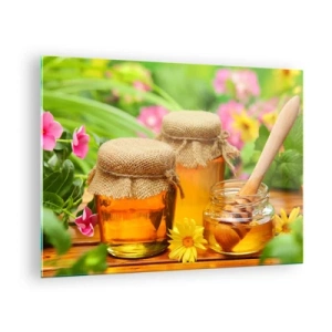 Billede på glas - Honningkrukker mod en baggrund af blomster i haven - 70x50cm - Sød og blomsteragtig - Moderne vægdekoration til stue og soveværelse ARTTOR