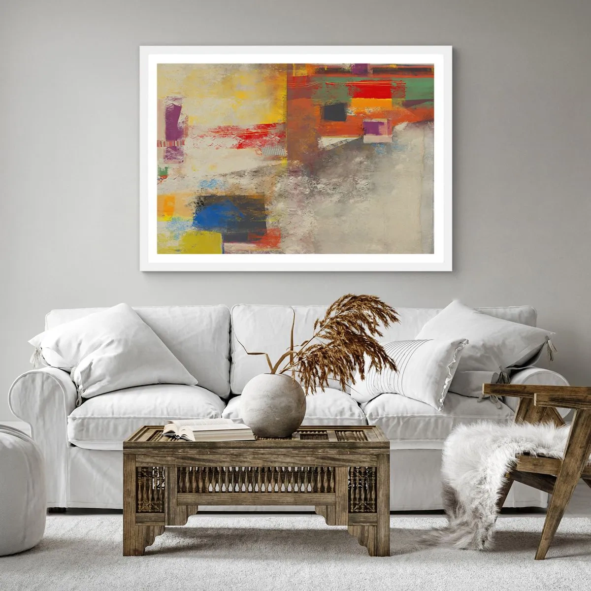 Plakat i hvid ramme - Geometri af farver - 50x50 cm