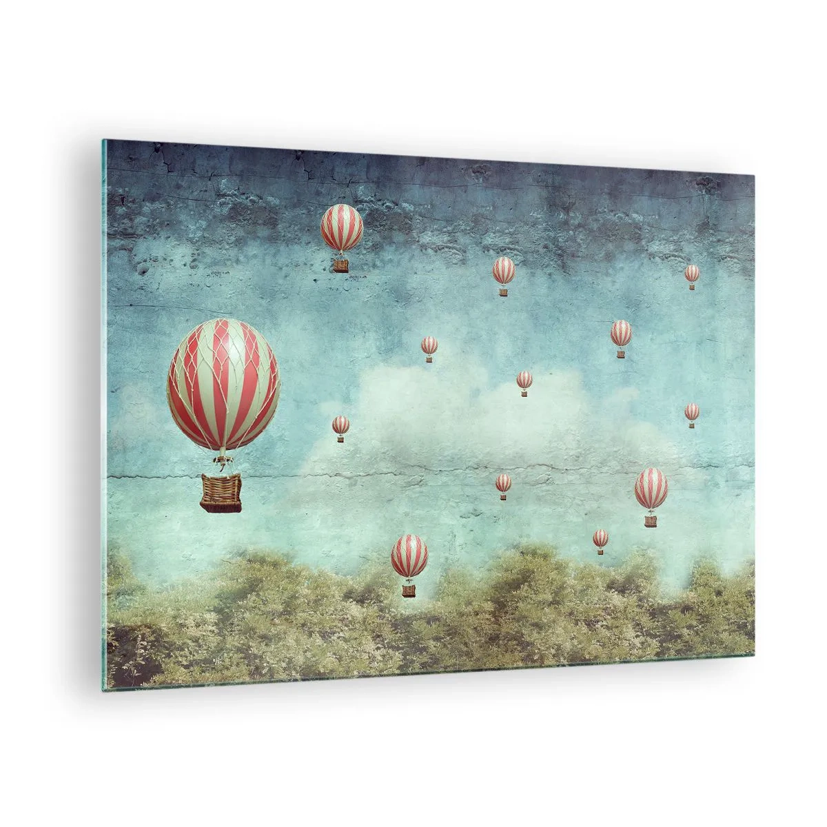 Billede på glas - Balloner svæver over et grønt landskab - 70x50cm - Fri fra livets travlhed og travlhed - Moderne vægdekoration til stue og soveværelse ARTTOR