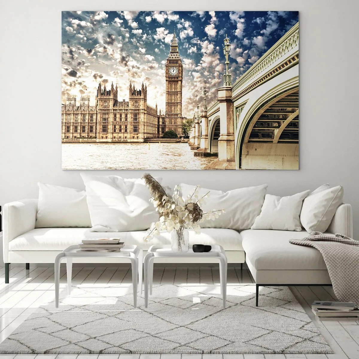 Billede på glas - Big Ben og Westminster Bridge i London - 70x50cm - Fjeragtige skyer over Themsen - Moderne vægdekoration til stue og soveværelse ARTTOR