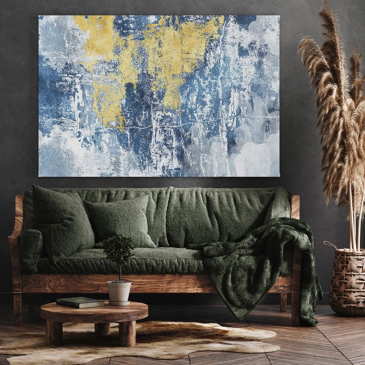 Lærredstryk - Billede på lærred - Abstraktion i nuancer af blå og gul - 70x50cm - En fredfyldt abstraktion - Moderne vægdekoration til stue og soveværelse ARTTOR