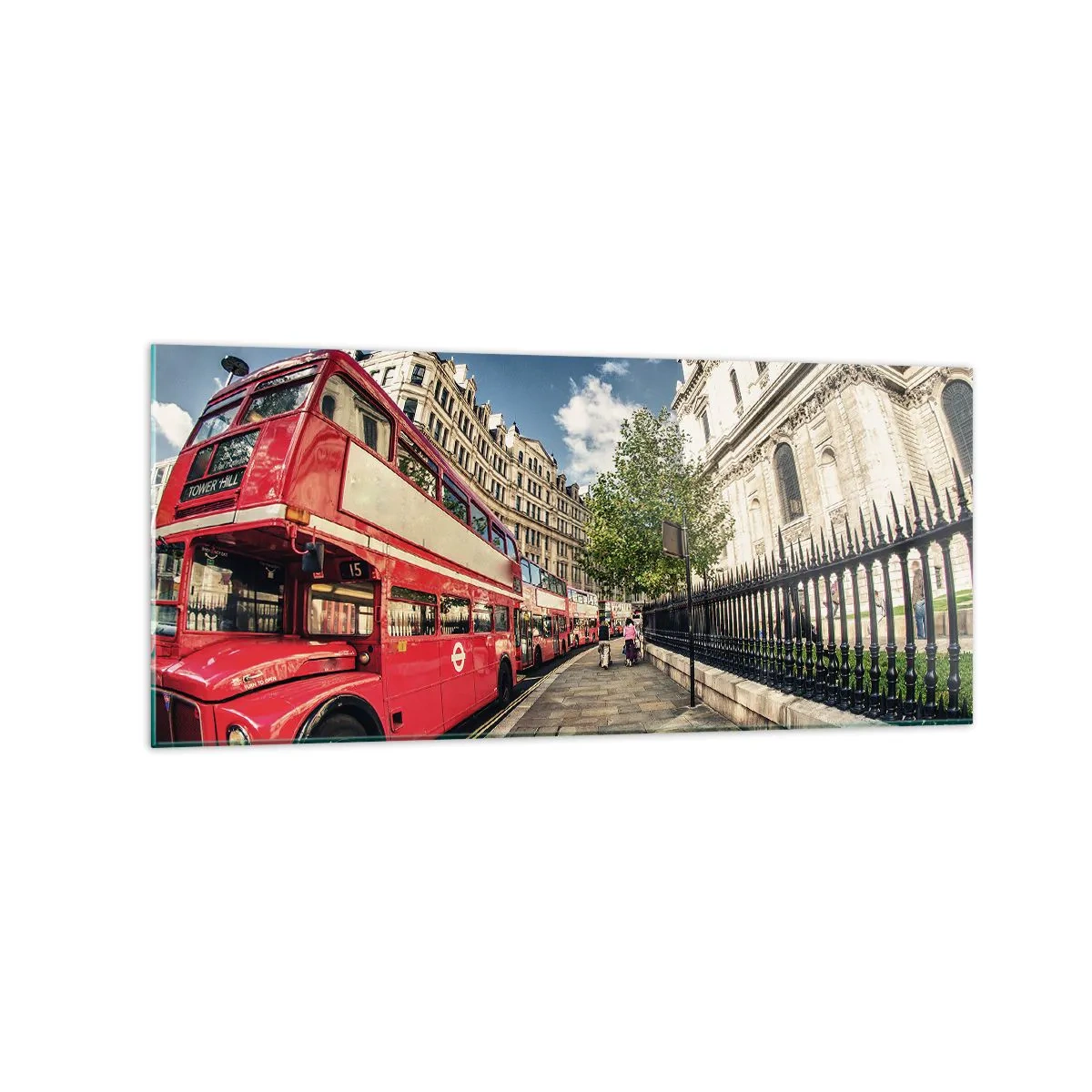 Billede på glas - Gade i London i grå og rødt - 120x50 cm