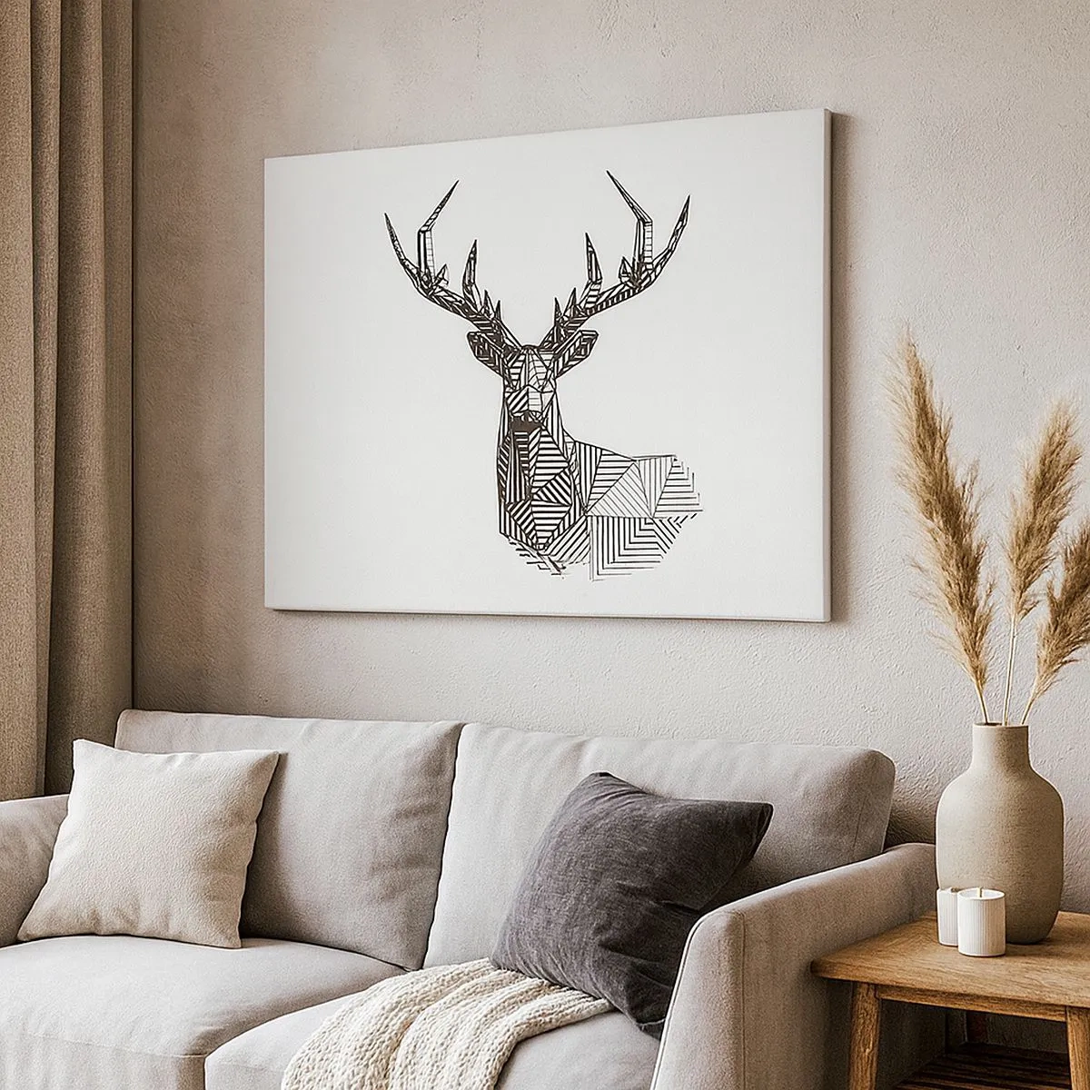 Lærredstryk - Billede på lærred - Geometrisk billede af en hjort i minimalistisk sort-hvid stil - 70x50cm - Hjorte i kubistisk stil - Moderne vægdekoration til stue og soveværelse ARTTOR