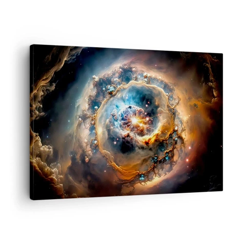 Lærredstryk - Billede på lærred - En abstrakt vision af en kosmisk eksplosion i nuancer af guld og blå. - 70x50cm - Begyndelse - Moderne vægdekoration til stue og soveværelse ARTTOR