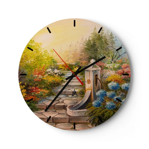 Vægur, Uret - En have med et springvand omgivet af farverige blomster og træer - 30x30cm - I fuld blomstring - Moderne vægdekoration til stue, køkken og soveværelse ARTTOR
