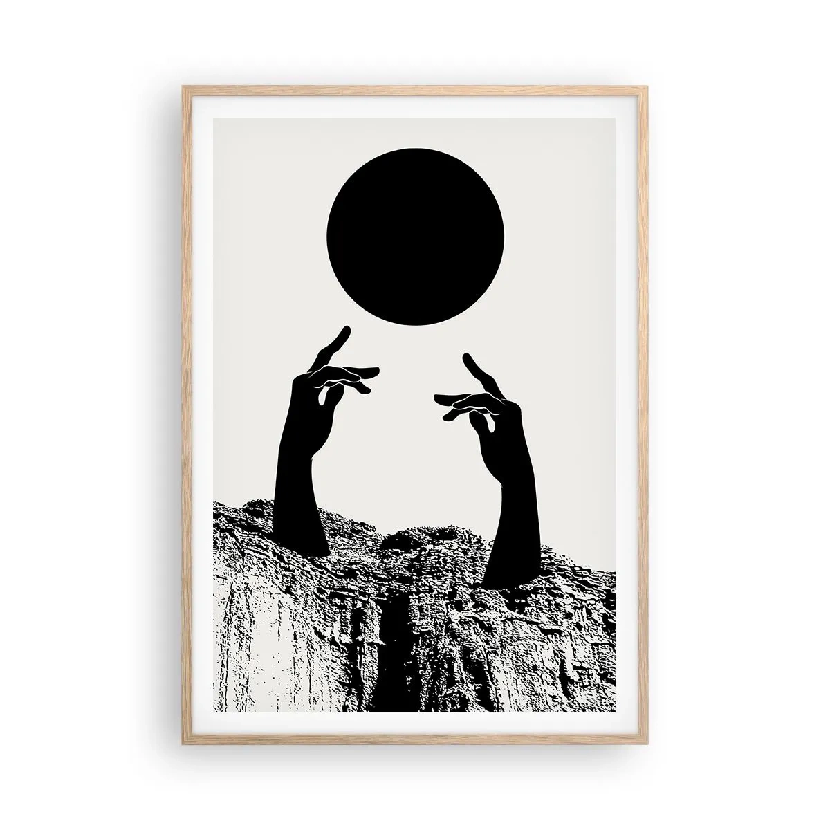 Plakat i ramme af lyst egetræ - Surrealistisk komposition: solen og resten - 70x100 cm