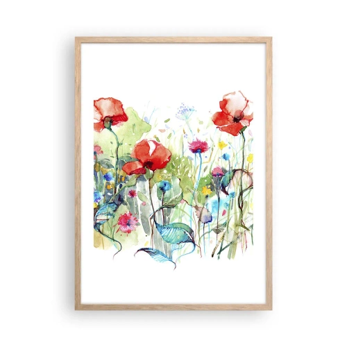 Plakat i ramme af lyst egetræ - En blomstrende eng i maj - 50x70 cm