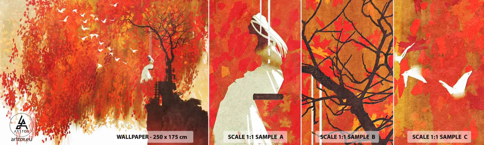 Prøve Fototapet Selvklæbende Deluxe Sticker - Vil han flyve med dem? - Abstraktion, Kvinde, Fugle - 100x30 cm