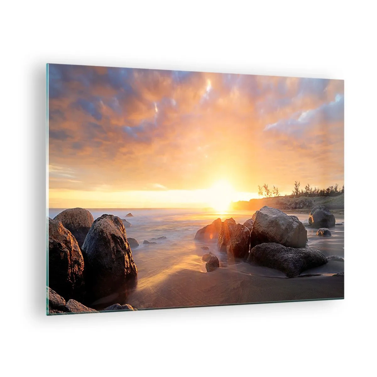 Billede på glas - Solnedgang over havet med sten på kysten - 70x50cm - En lysende aftenbrise - Moderne vægdekoration til stue og soveværelse ARTTOR