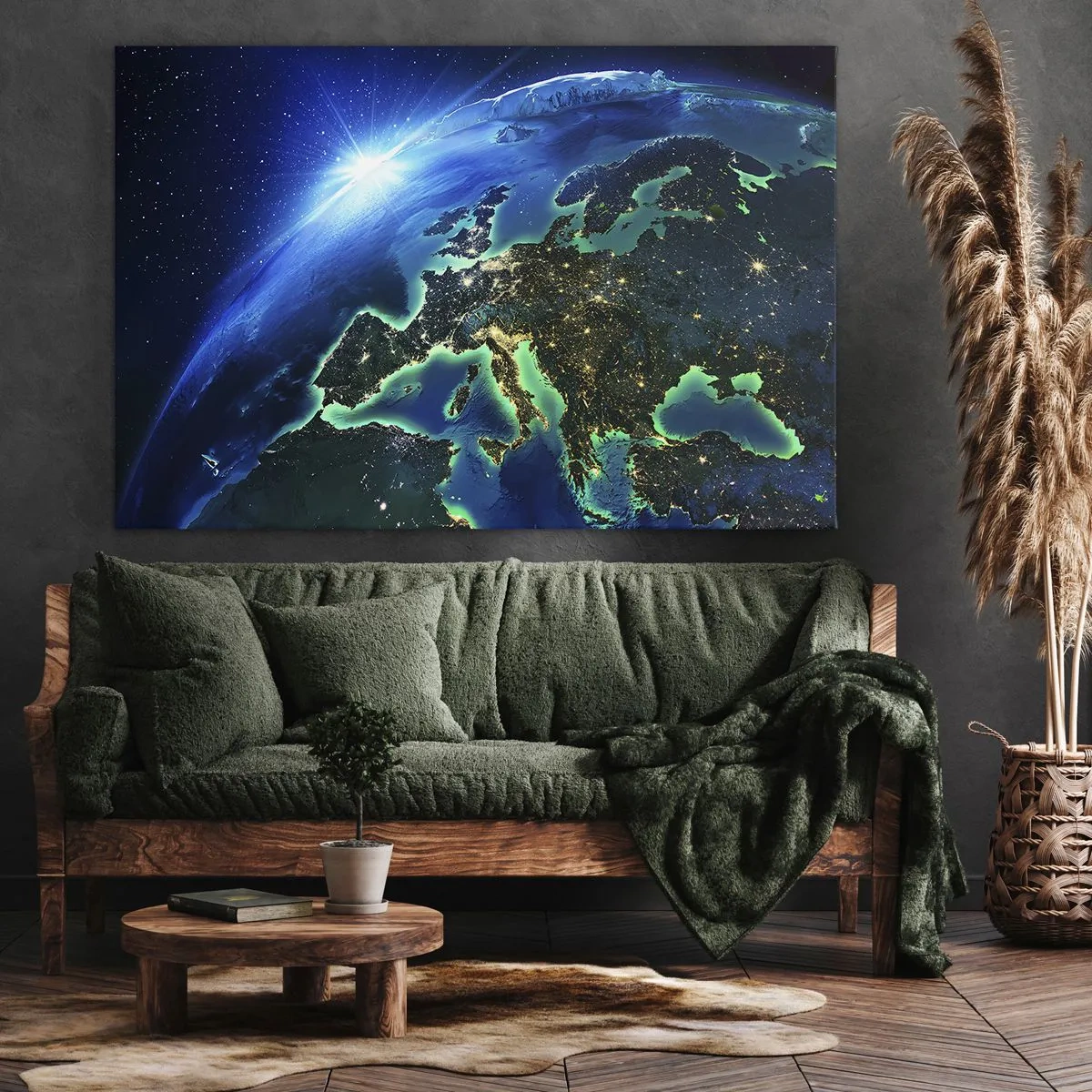 Lærredstryk - Billede på lærred - Et billede af Europa fra rummet i skæret fra den opgående sol. - 70x50cm - Et funklende Europa - Moderne vægdekoration til stue og soveværelse ARTTOR