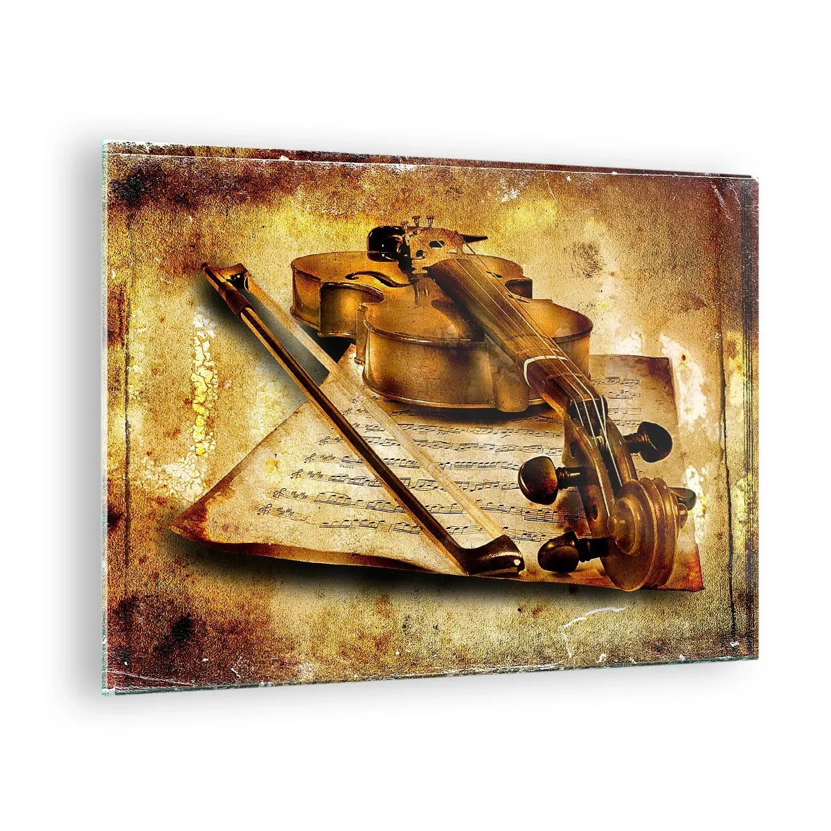 Billede på glas - Violin med noder på en vintage baggrund - 70x50cm - Virtuos søges omgående - Moderne vægdekoration til stue og soveværelse ARTTOR