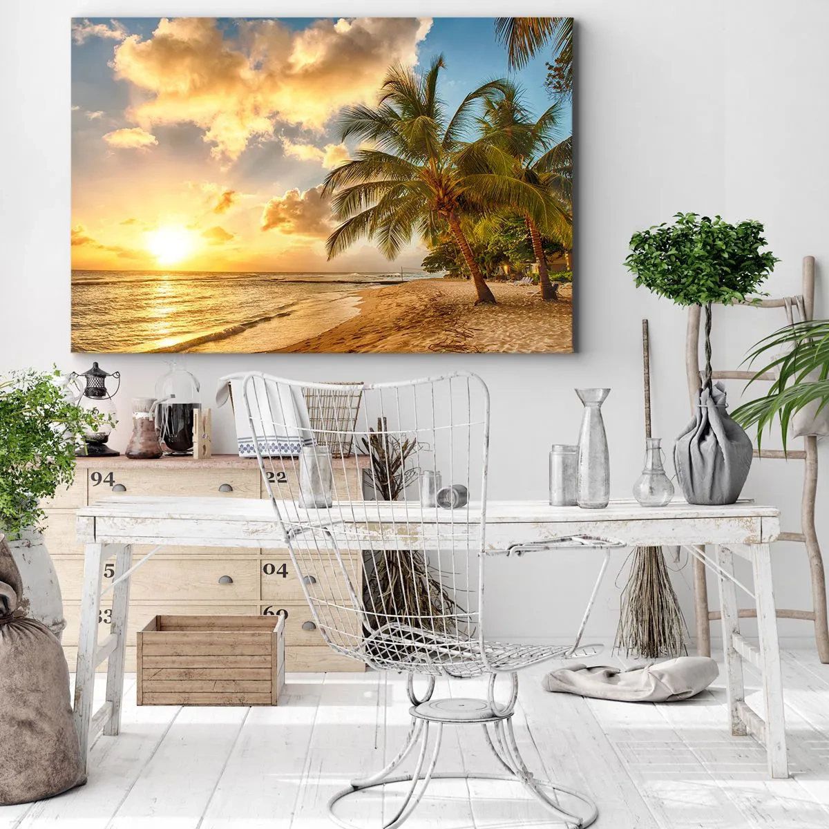 Lærredstryk - Billede på lærred - Strand med palmer og en solnedgang over havet - 70x50cm - Evig sommer, altid en ferie - Moderne vægdekoration til stue og soveværelse ARTTOR