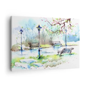 Lærredstryk - Billede på lærred - Akvarel parkscene med bænke og lamper - 70x50cm - Den magiske stilhed i parken - Moderne vægdekoration til stue og soveværelse ARTTOR