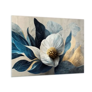 Billede på glas - Et hvidt blomsterarrangement med marineblå blade og en gylden midte - 70x50cm - Har et hjerte af guld - Moderne vægdekoration til stue og soveværelse ARTTOR
