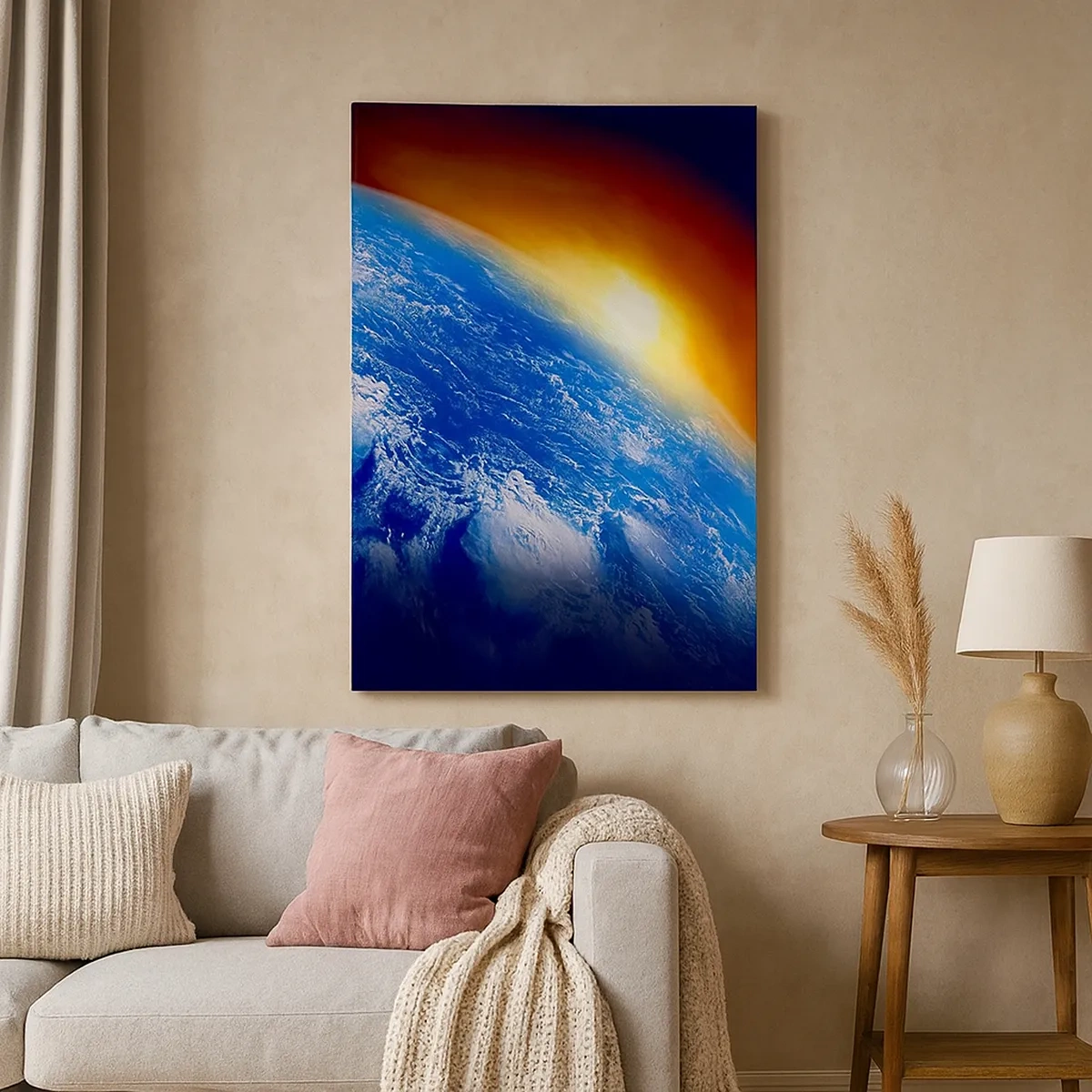 Lærredstryk - Billede på lærred - Solopgang over den blå planet - 50x70 cm