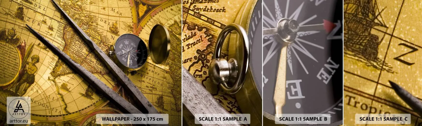 Fototapet Prøve Standard Eco - Hvor er skattene? - Kompas, Verdenskort, Rejser - 100x30 cm