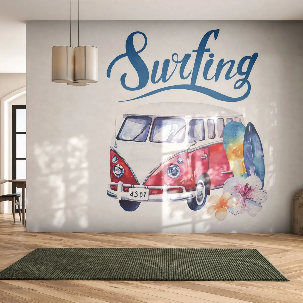 Fototapet Premium Sand - Agurk - en klassiker for surferen - Vintage bus, Rejser, Surfbræt - 100x70 cm