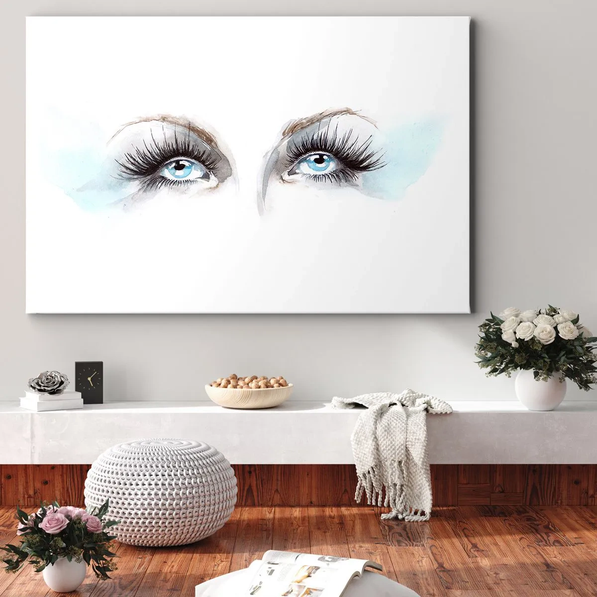 Lærredstryk - Billede på lærred - Akvarel med blå øjne og fine accenter - 70x50cm - En engels øjne? - Moderne vægdekoration til stue og soveværelse ARTTOR