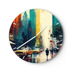 Vægur, Uret - En farverig gade i New York med taxaer og fodgængere i regnen - 30x30cm - New York - her er selv regnen farverig - Moderne vægdekoration til stue, køkken og soveværelse ARTTOR