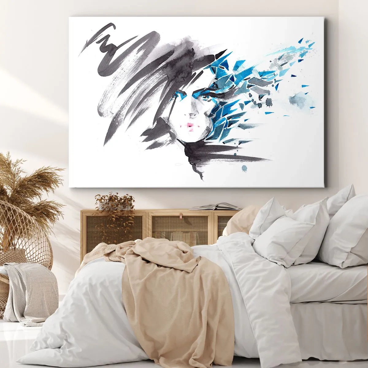Lærredstryk - Billede på lærred - Kunstnerisk akvarel ansigtsmaling med blå accenter - 70x50cm - Sensuelt portræt i grå og blå farver - Moderne vægdekoration til stue og soveværelse ARTTOR