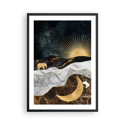 Plakat i sort ramme - Gyldent landskab med månen, solen og silhuetten af en elefant - 50x70cm - Evige love - Moderne vægdekoration til stue og soveværelse ARTTOR