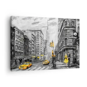 Lærredstryk - Billede på lærred - New York-gade med gule accenter - 70x50cm - En fortælling fra New York - Moderne vægdekoration til stue og soveværelse ARTTOR