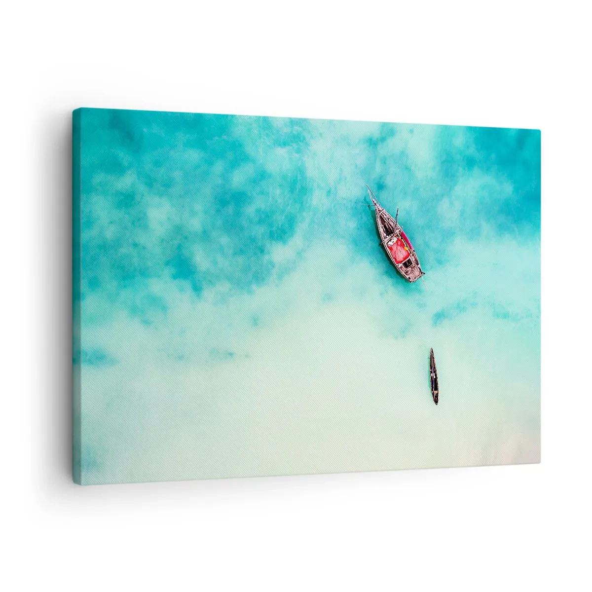 Lærredstryk - Billede på lærred - Både på turkisblåt vand set fra fugleperspektiv - 70x50cm - For på Zanzibars strande, når det overskydende vand... - Moderne vægdekoration til stue og soveværelse ARTTOR