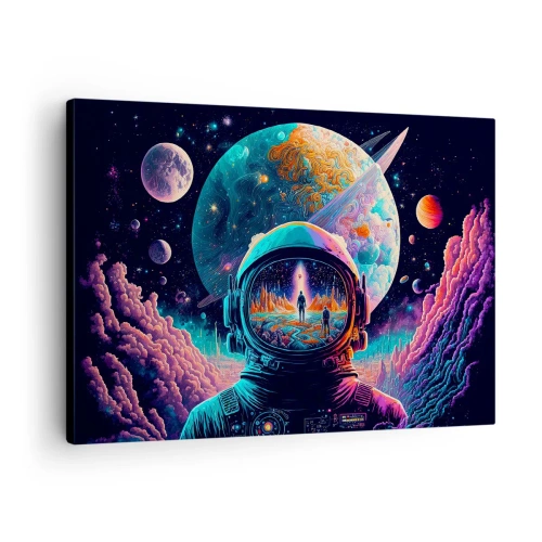 Lærredstryk - Billede på lærred - Astronaut i rummet med et farverigt planetarisk landskab - 70x50cm - Filosoffer har aldrig drømt - Moderne vægdekoration til stue og soveværelse ARTTOR