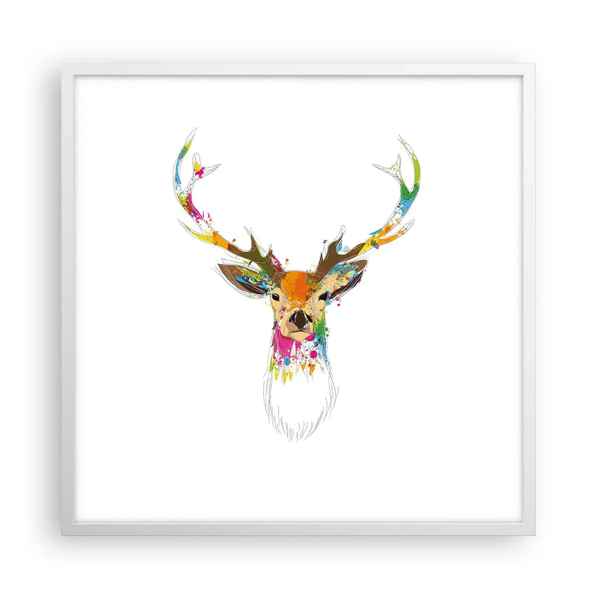 Plakat i hvid ramme - Blid kronhjort badet i farver - 60x60 cm