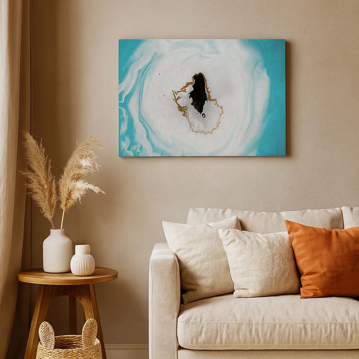 Lærredstryk - Billede på lærred - Abstrakt geodemotiv i nuancer af turkis, hvid og guld - 70x50cm - Kom indenfor - Moderne vægdekoration til stue og soveværelse ARTTOR