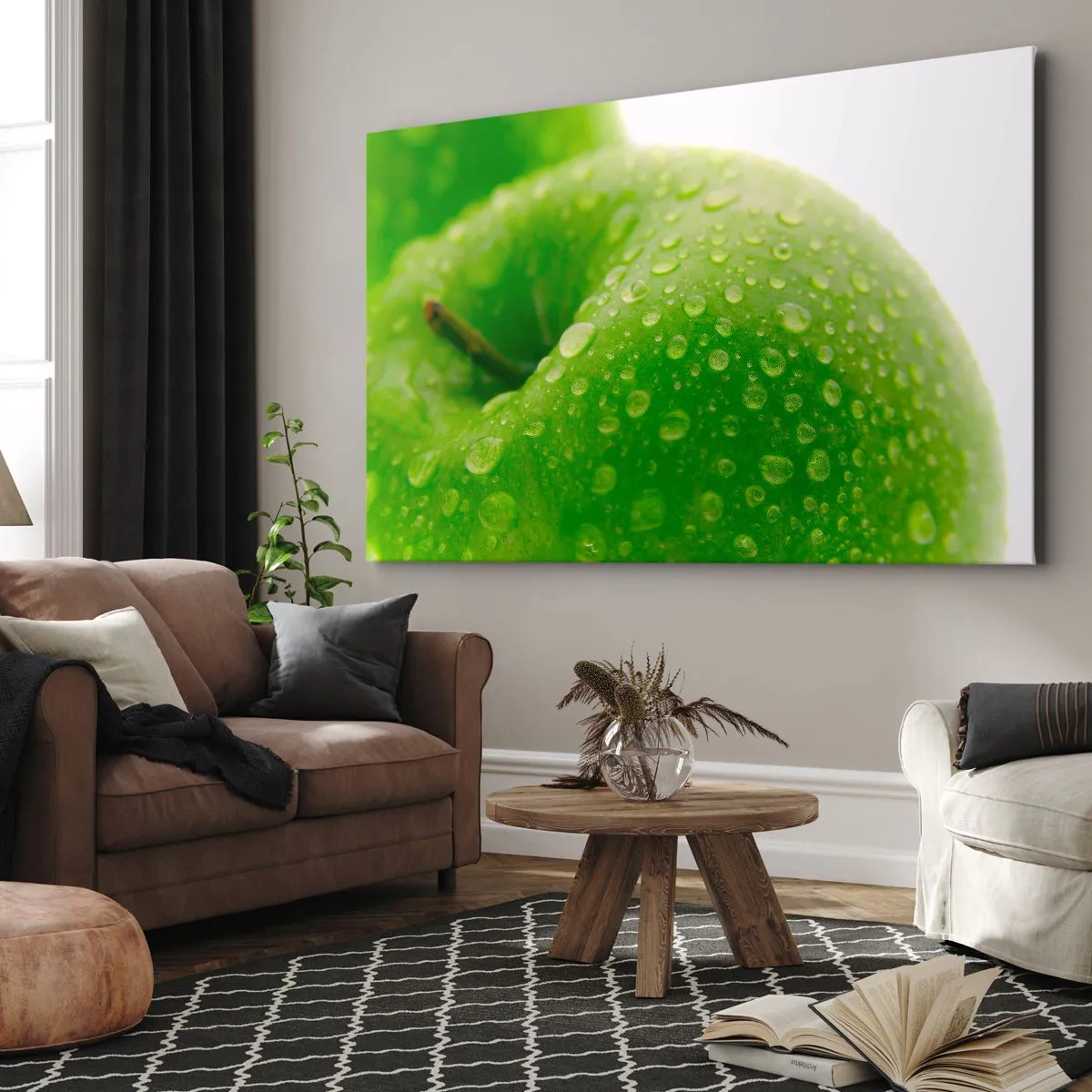 Lærredstryk - Billede på lærred - Nærbillede af et grønt æble med vanddråber - 70x50cm - Grøn kølig friskhed - Moderne vægdekoration til stue og soveværelse ARTTOR
