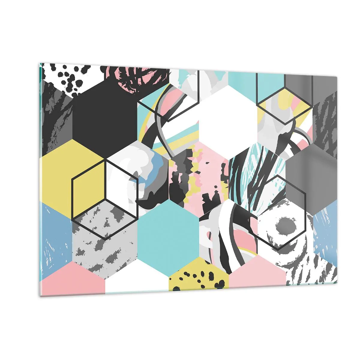 Billede på glas - Sekskanter og terninger i seks farver - 120x80 cm