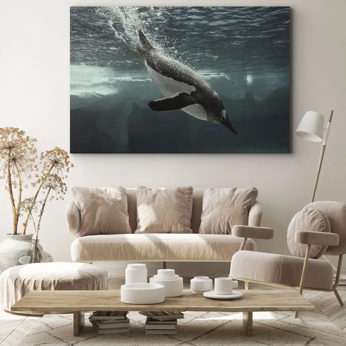 Lærredstryk - Billede på lærred - En pingvin dykker ned i det iskolde vands dyb - 70x50cm - Velkommen til min verden - Moderne vægdekoration til stue og soveværelse ARTTOR