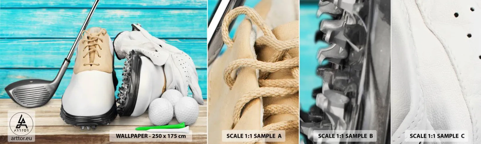 Prøve Fototapet Selvklæbende Deluxe Sticker - Alt er klar - Golf, Sport, Golfspillersko - 100x30 cm