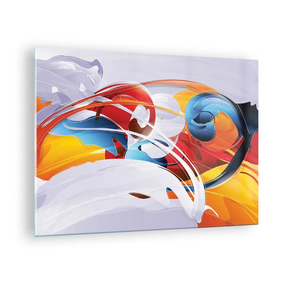 Billede på glas - En abstrakt komposition af farverige former og linjer. - 70x50cm - Elementernes dans - Moderne vægdekoration til stue og soveværelse ARTTOR