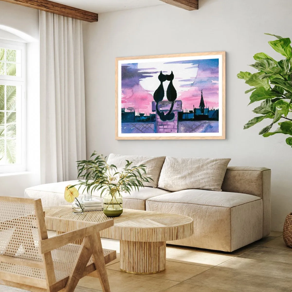 Plakat i ramme af lyst egetræ - Rendez-vous under månen - 100x70 cm