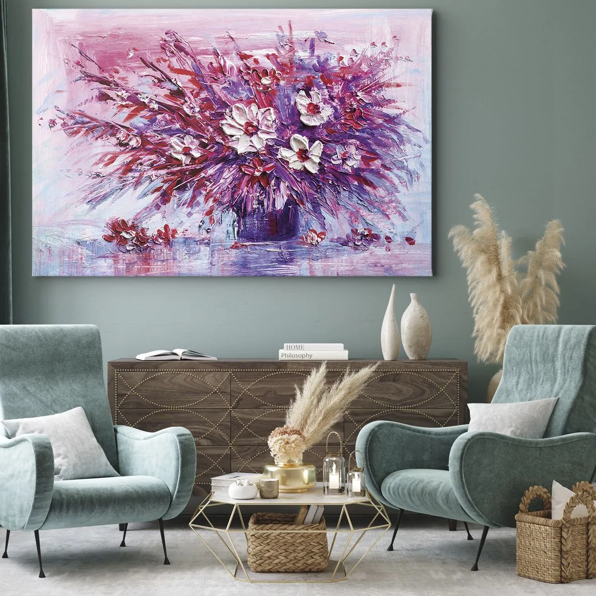 Lærredstryk - Billede på lærred - En farverig buket blomster i nuancer af lyserød og lilla - 70x50cm - Uskyld og lidenskab - Moderne vægdekoration til stue og soveværelse ARTTOR